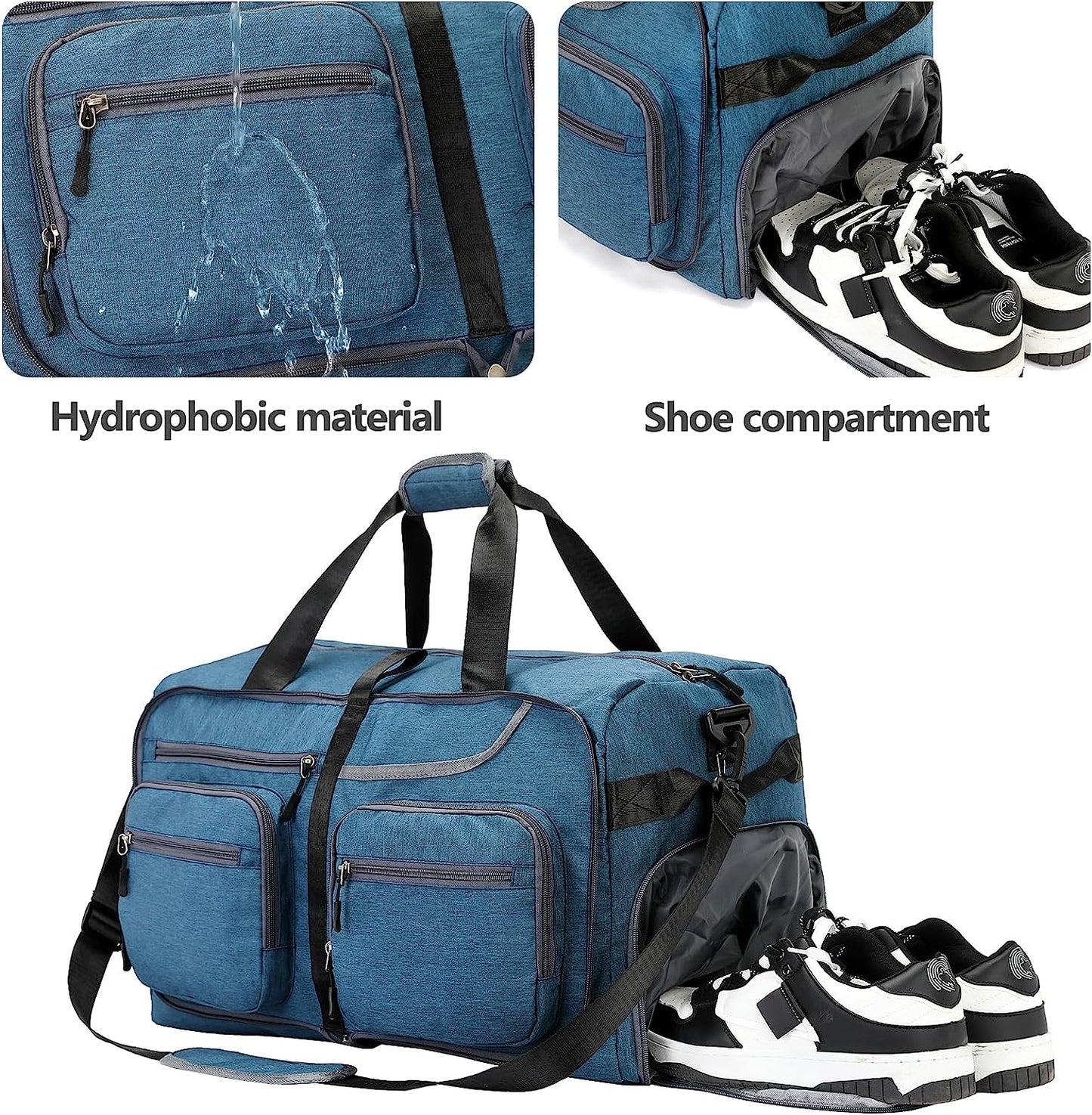 Travel Duffel Bag, 65L Foldable Travel Duffle Bag with Shoes Compartment and wet pocket, Waterproof & Tear Resistant
